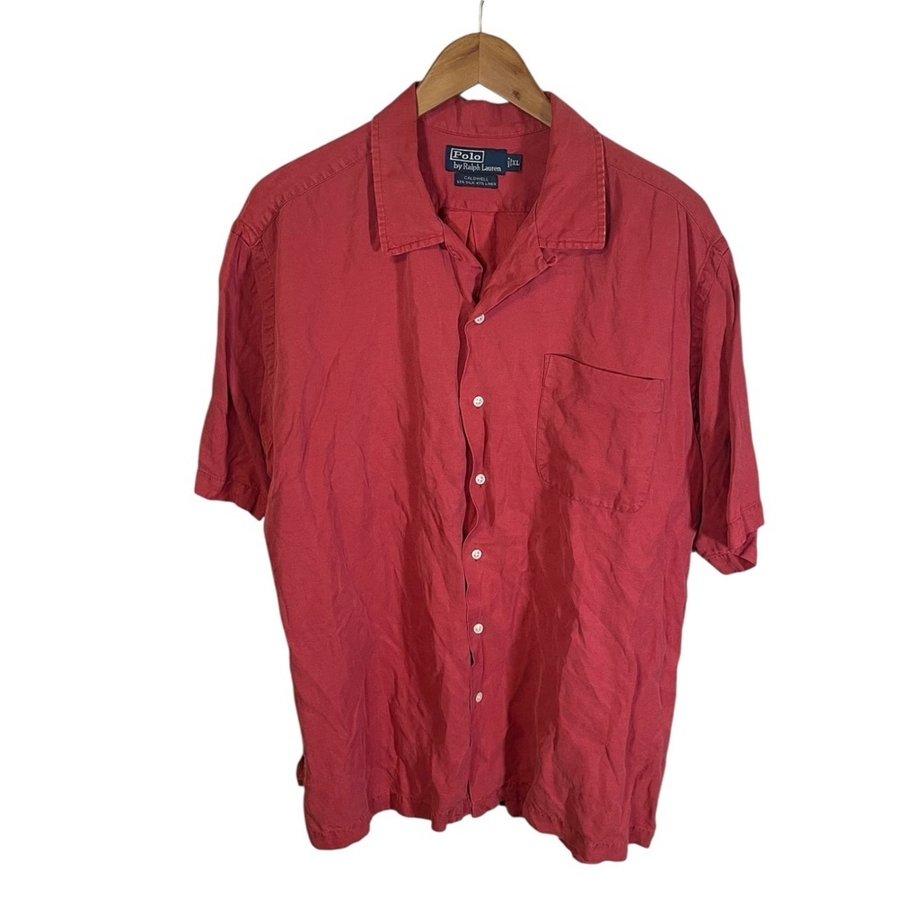 BF1415 Polo Ralph Lauren Caldwell Silk Linen Camp Shirt Mens XL Red Short Sleeve